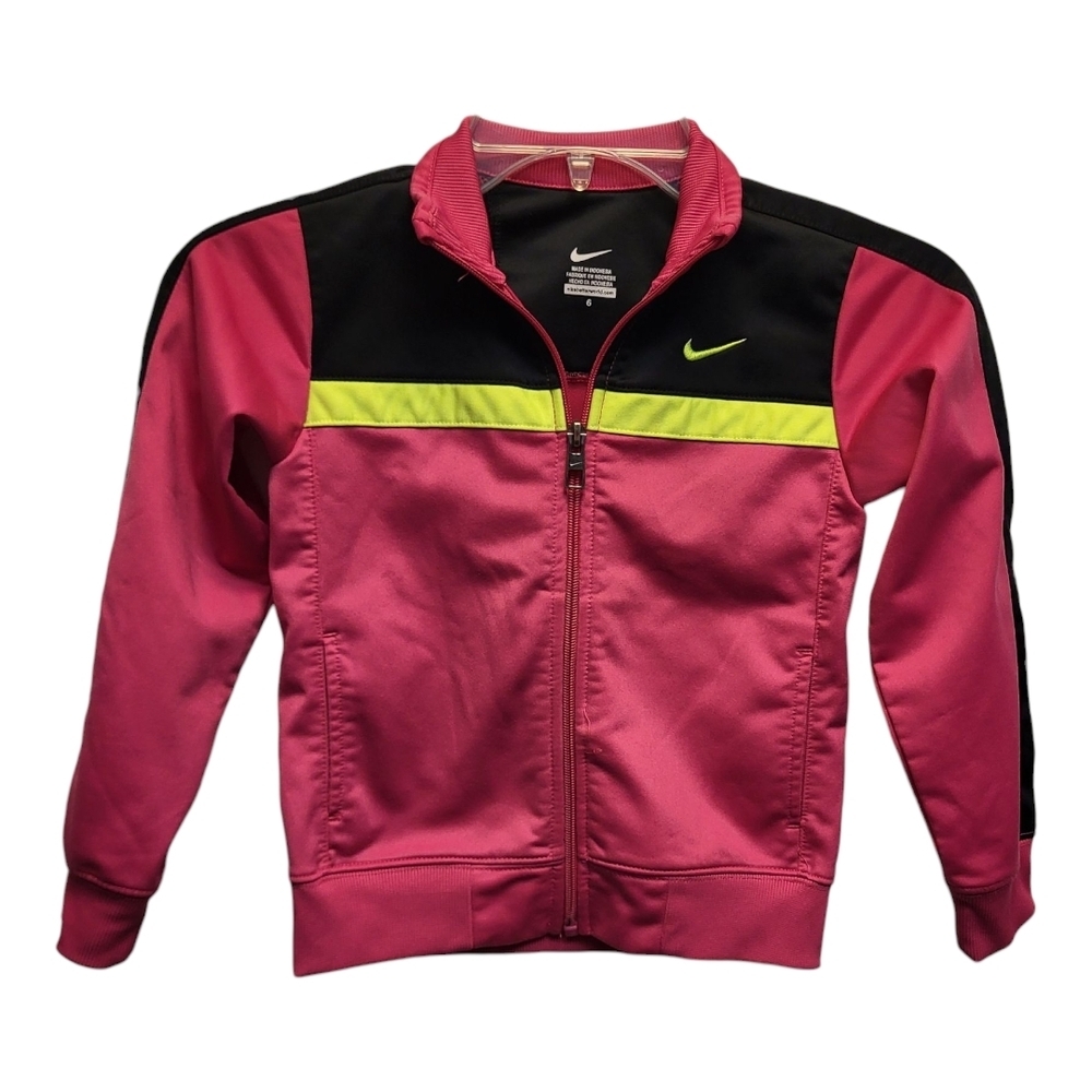 Nike Kids Vibrant Pink and Black Jacket with Yellow Stripe - Size 6